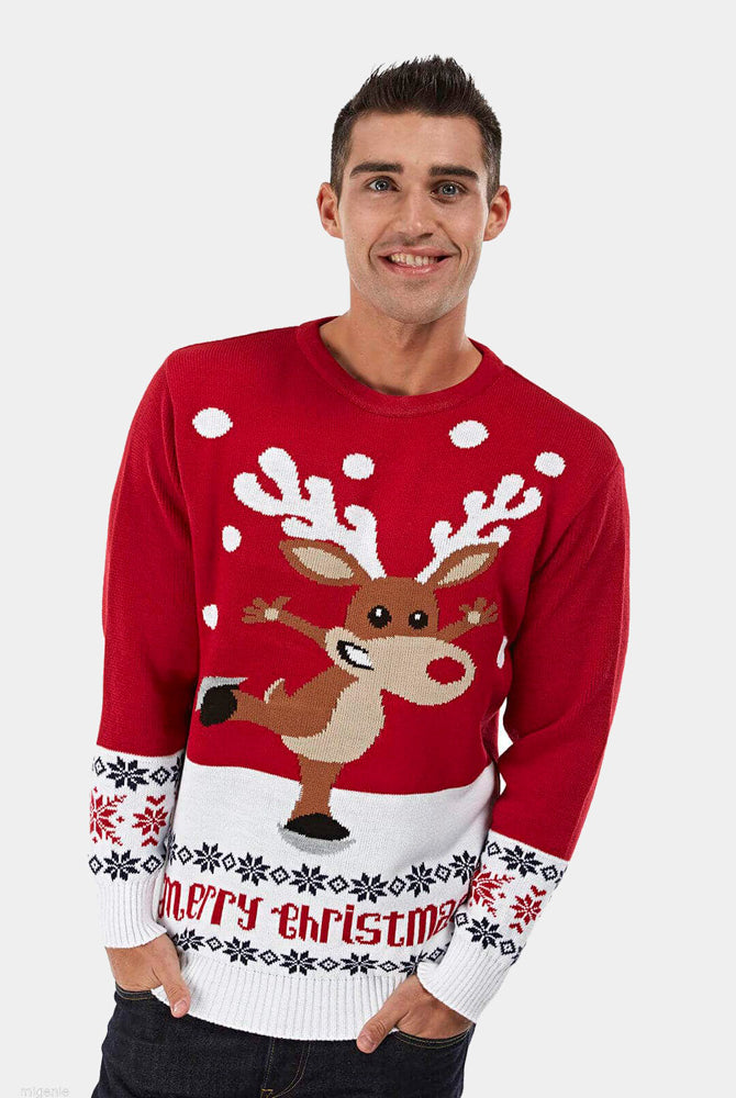 Jersey de Navidad Parejas con Reno Patinando Rojo Hombre