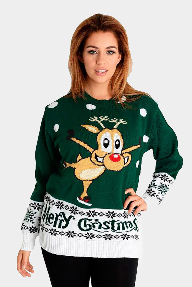Jersey de Navidad Parejas con Reno Patinando Verde Mujer