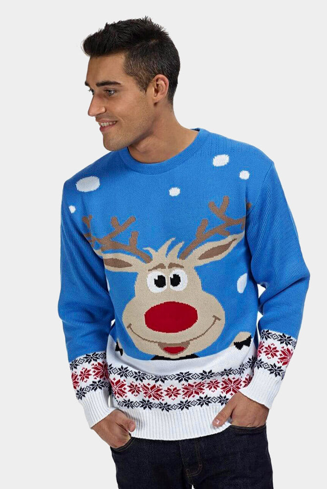 Jersey de Navidad Parejas con Reno y Nieve Azul Claro Hombre