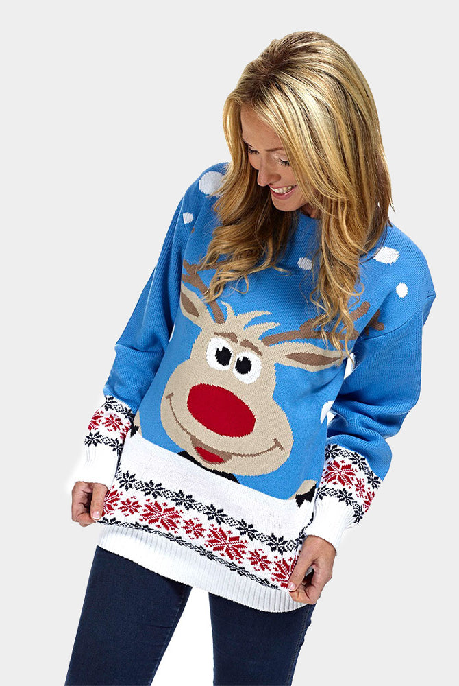 Jersey de Navidad Parejas con Reno y Nieve Azul Claro Mujer