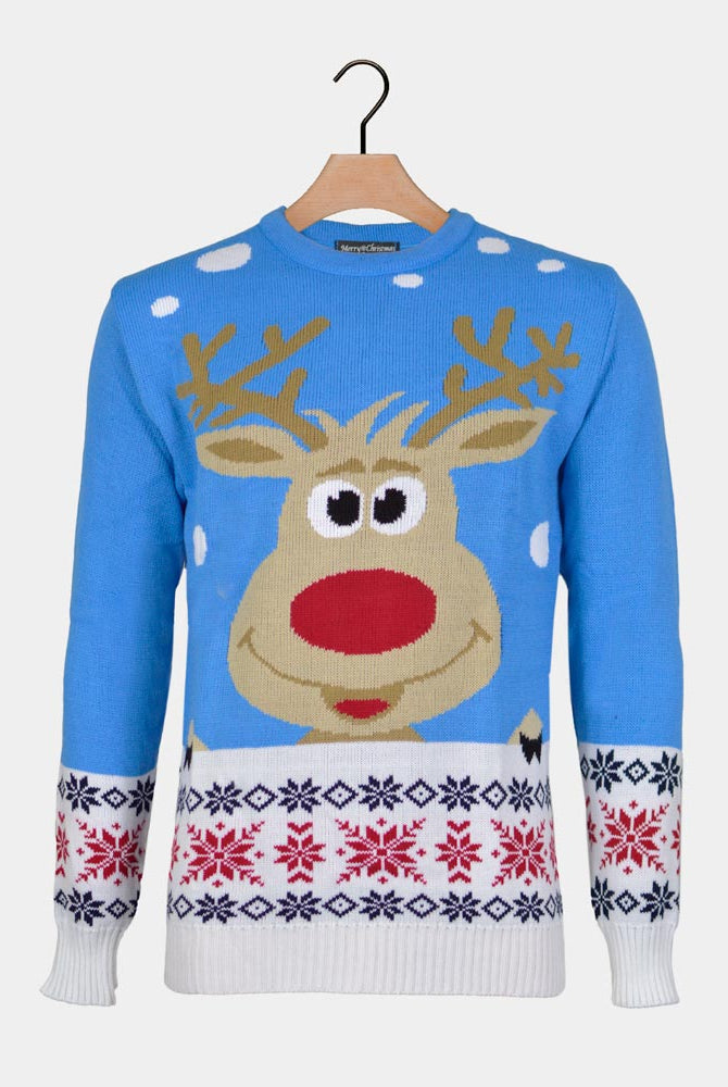 Jersey de Navidad Parejas con Reno y Nieve Azul Claro