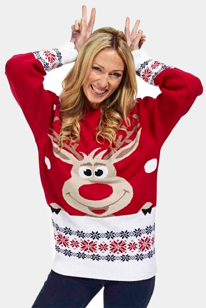 Jersey de Navidad Parejas con Reno y Nieve Rojo Mujer
