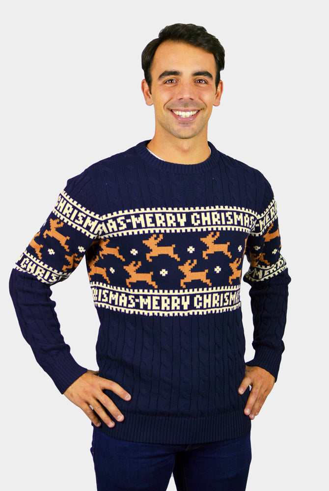 Jersey de Navidad Parejas Elegante Azul con Renos hombre