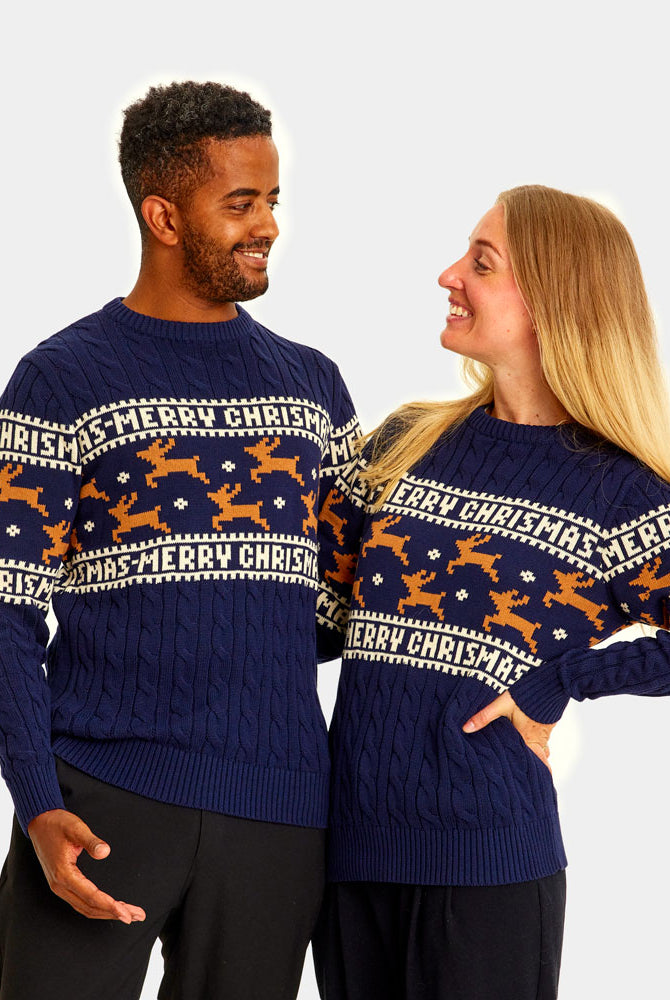 Jersey de Navidad Parejas Elegante Azul con Renos