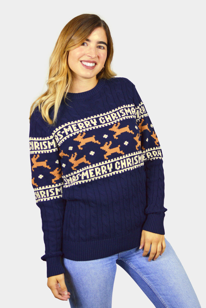 Jersey de Navidad Parejas Elegante Azul con Renos mujer