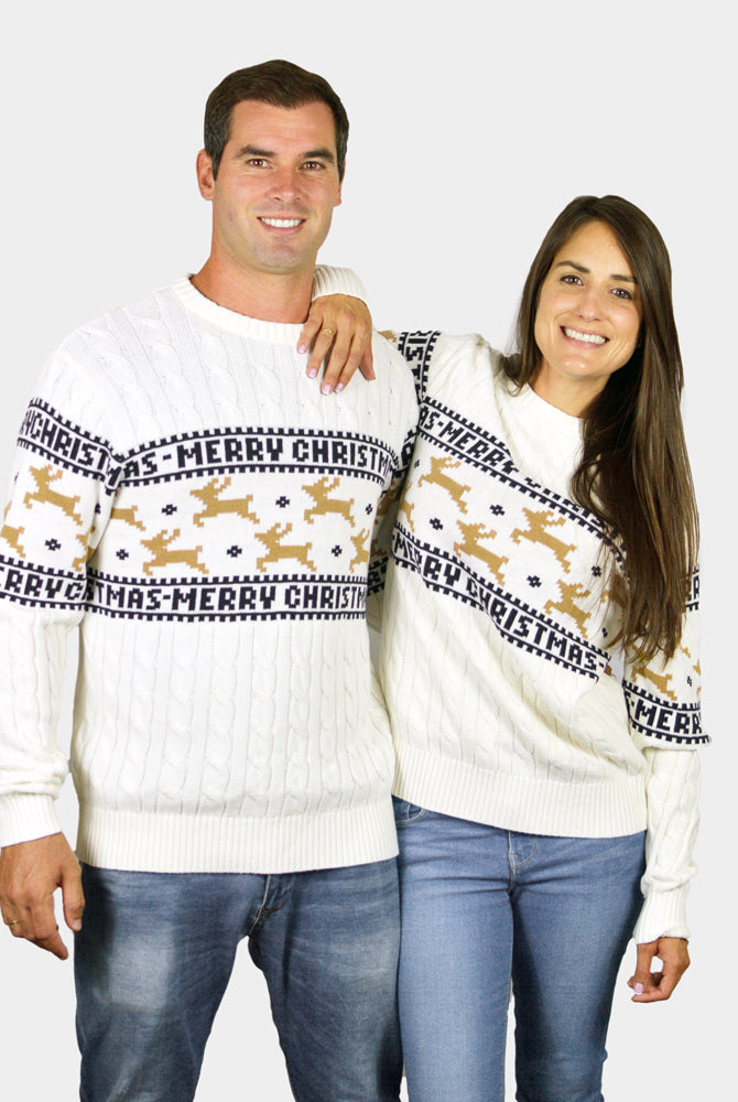 Jersey de Navidad Parejas Elegante Blanco con Renos