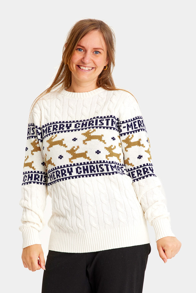 Jersey de Navidad Parejas Elegante Blanco con Renos Mujer