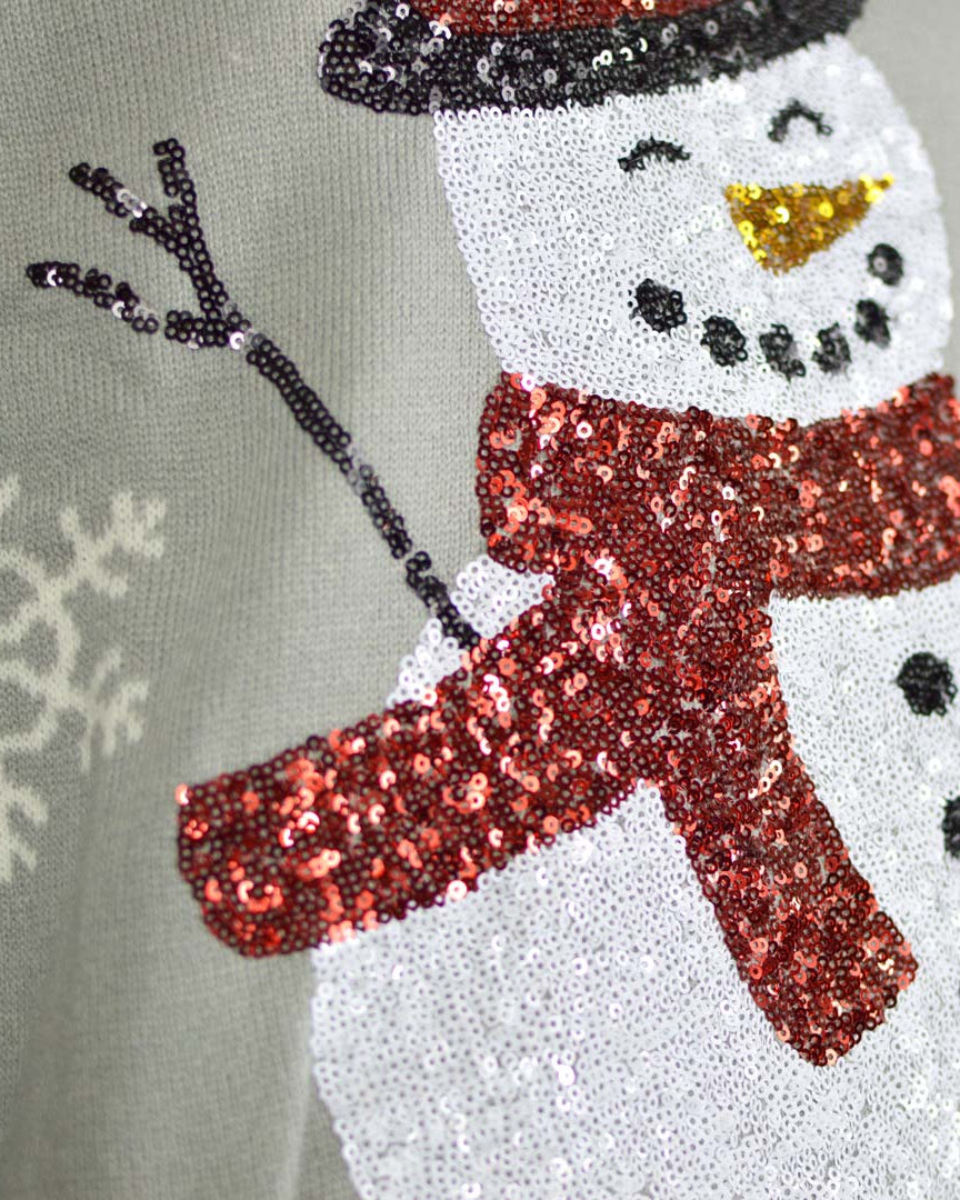 Jersey de Navidad Parejas Gris con Muñeco de Nieve de Lentejuelas Detalle