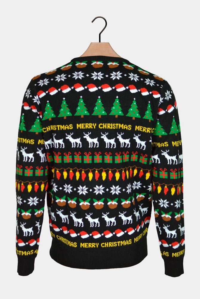 Jersey de Navidad Parejas Negro con Árboles, Renos y Regalos Espalda