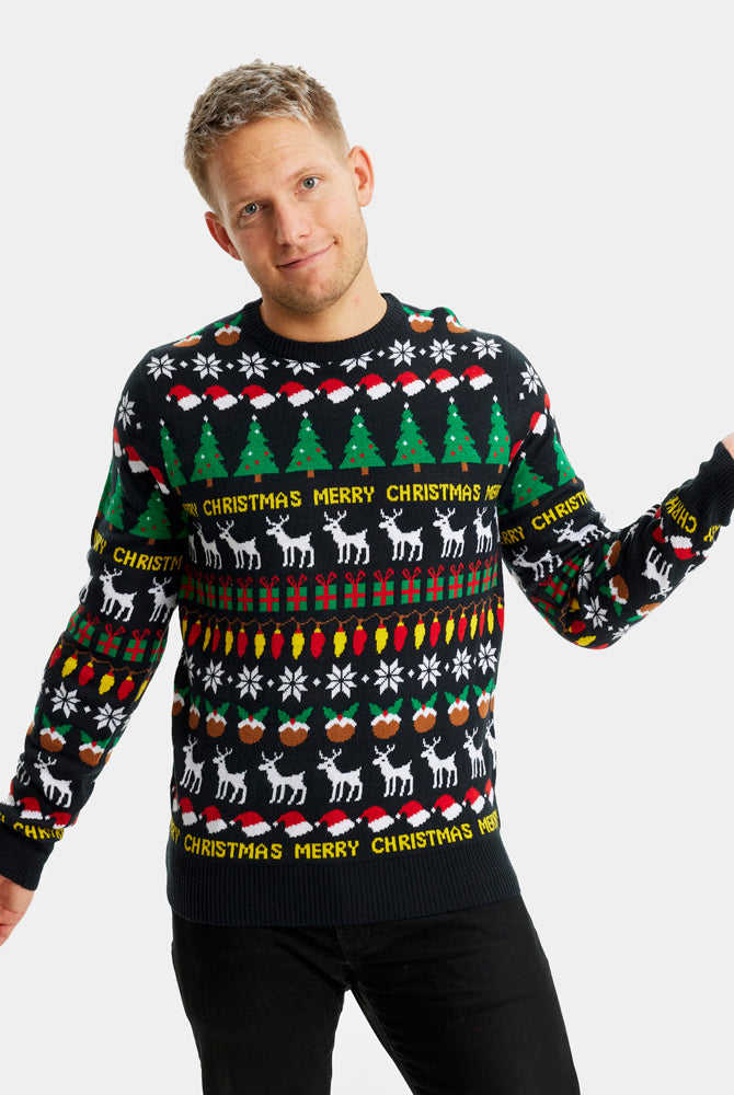 Jersey de Navidad Parejas Negro con Árboles, Renos y Regalos Hombre