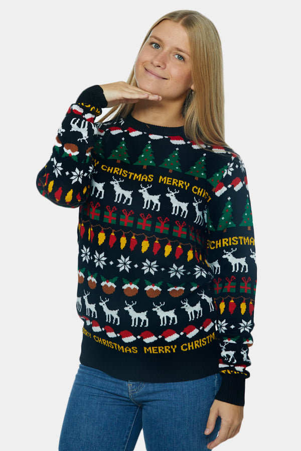 Jersey de Navidad Parejas Negro con Árboles, Renos y Regalos Mujer