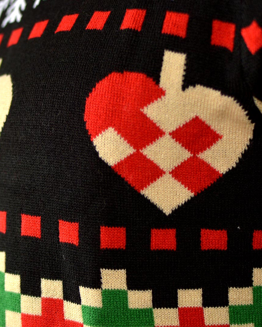 Jersey de Navidad Parejas Negro con Nieve, Corazones y Árboles Detalle