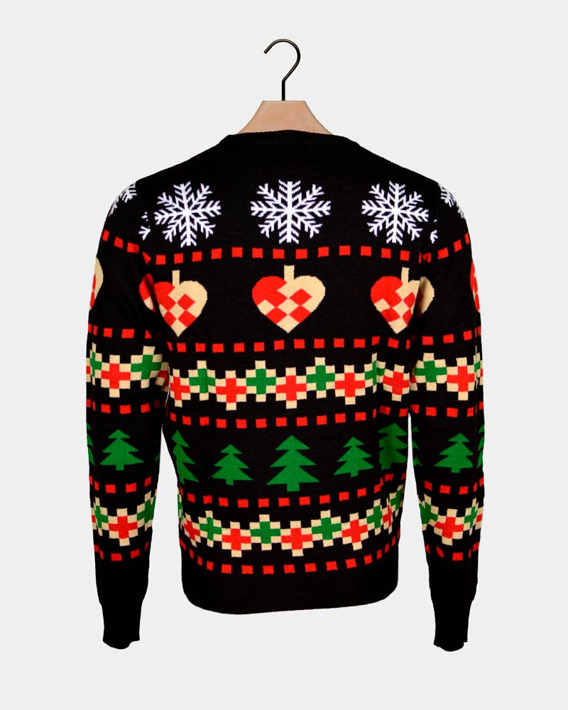 Jersey de Navidad Parejas Negro con Nieve, Corazones y Árboles Espalda