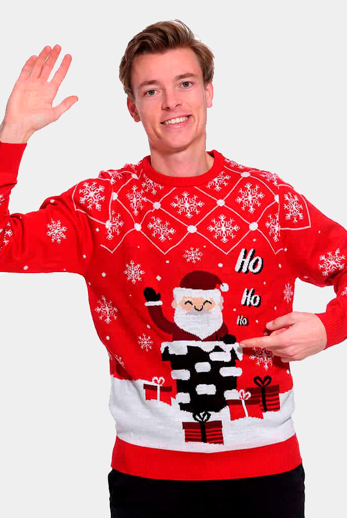 Jersey de Navidad Parejas con Papá Noel Entrando por la Chimenea hombre