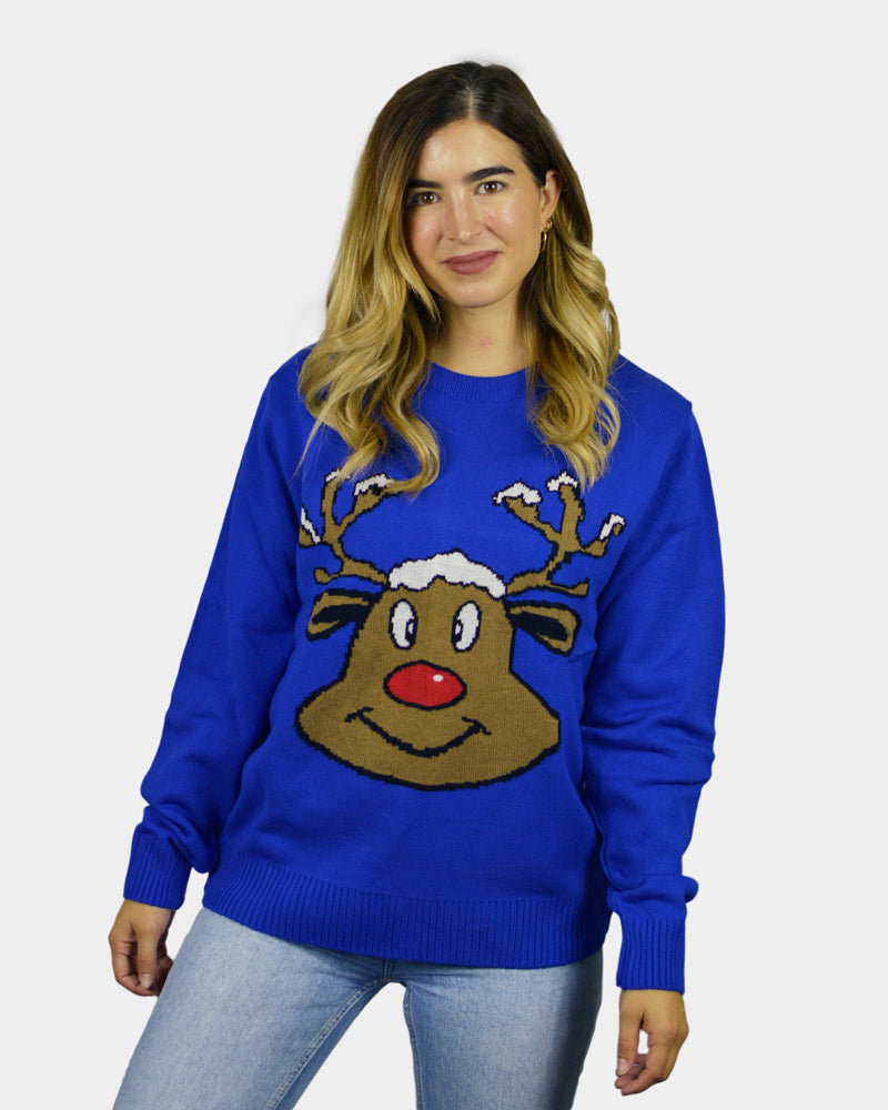 Jersey de Navidad para Parejas Reno Sonriente Azul