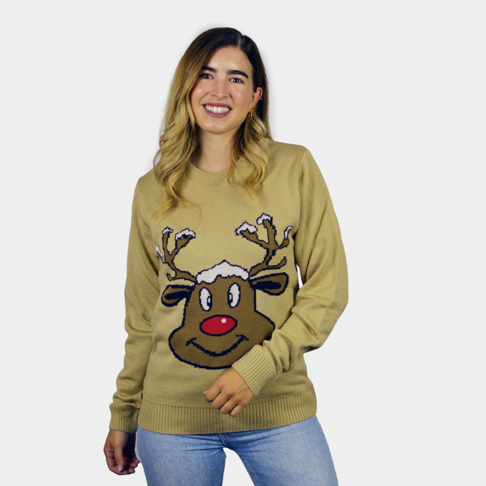 Jersey de Navidad para Parejas Reno Sonriente Beige Mujer