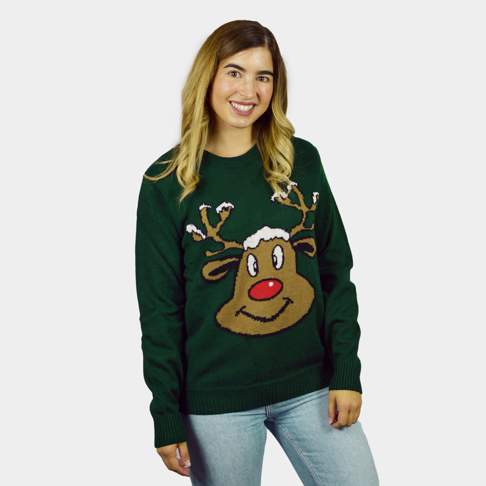 Jersey de Navidad Parejas Reno Sonriente Verde Mujer