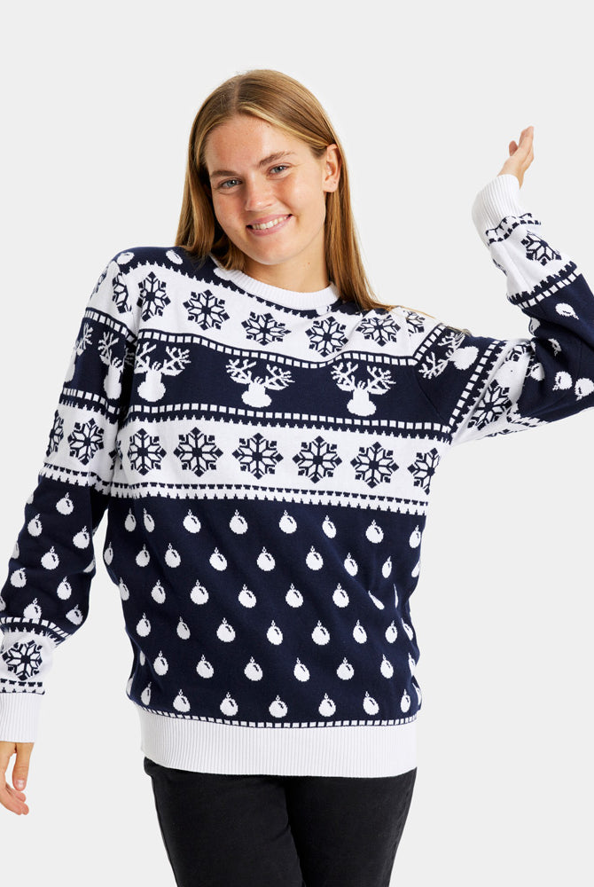 Jersey de Navidad Parejas con Renos y Nieve Azul Mujer