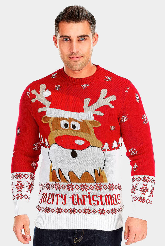 Jersey de Navidad Parejas Rojo con Reno Rudolph Hombre