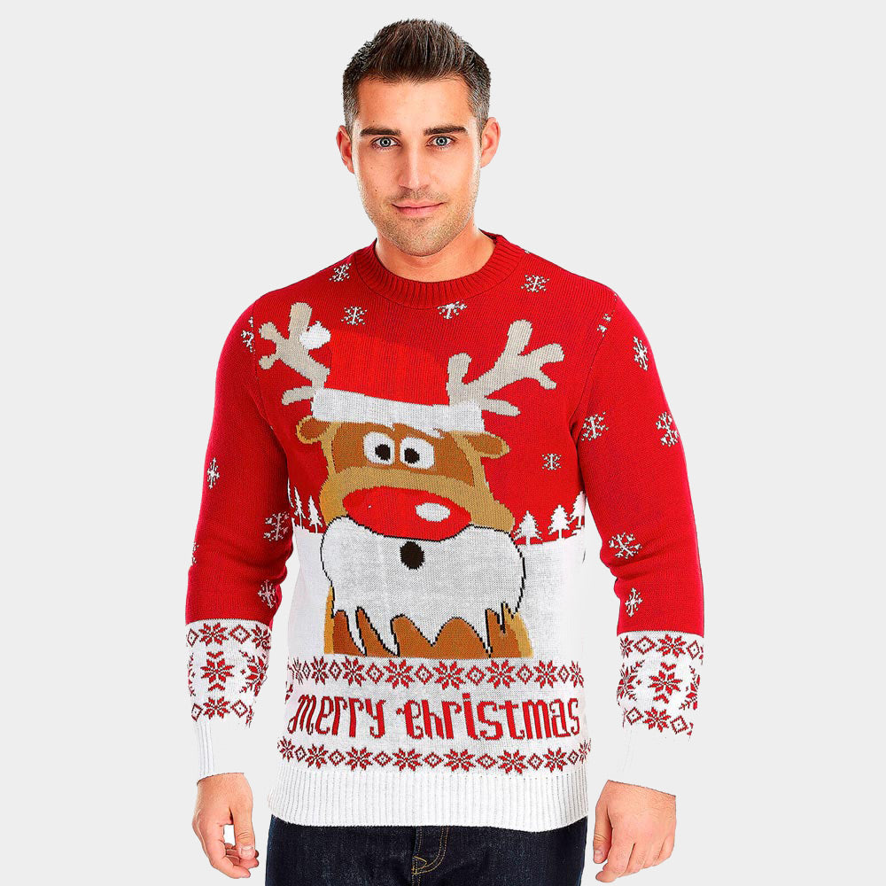 Jersey de Navidad Parejas Rojo con Reno Rudolph Hombre