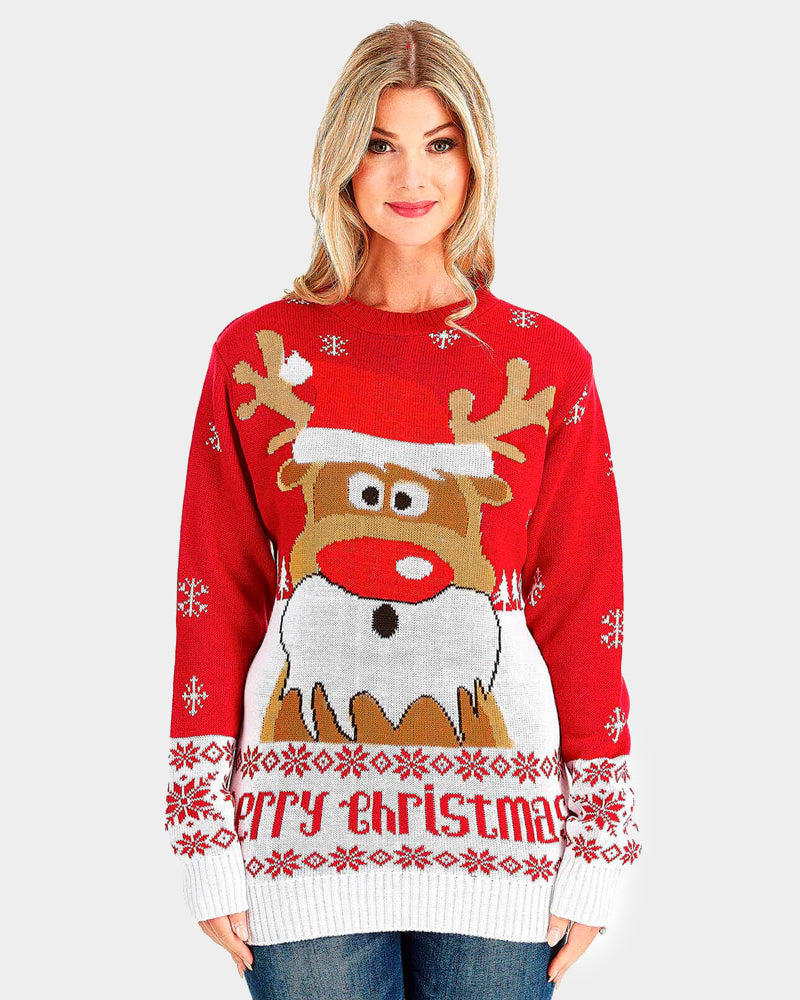Jersey de Navidad Parejas Rojo con Reno Rudolph Mujer