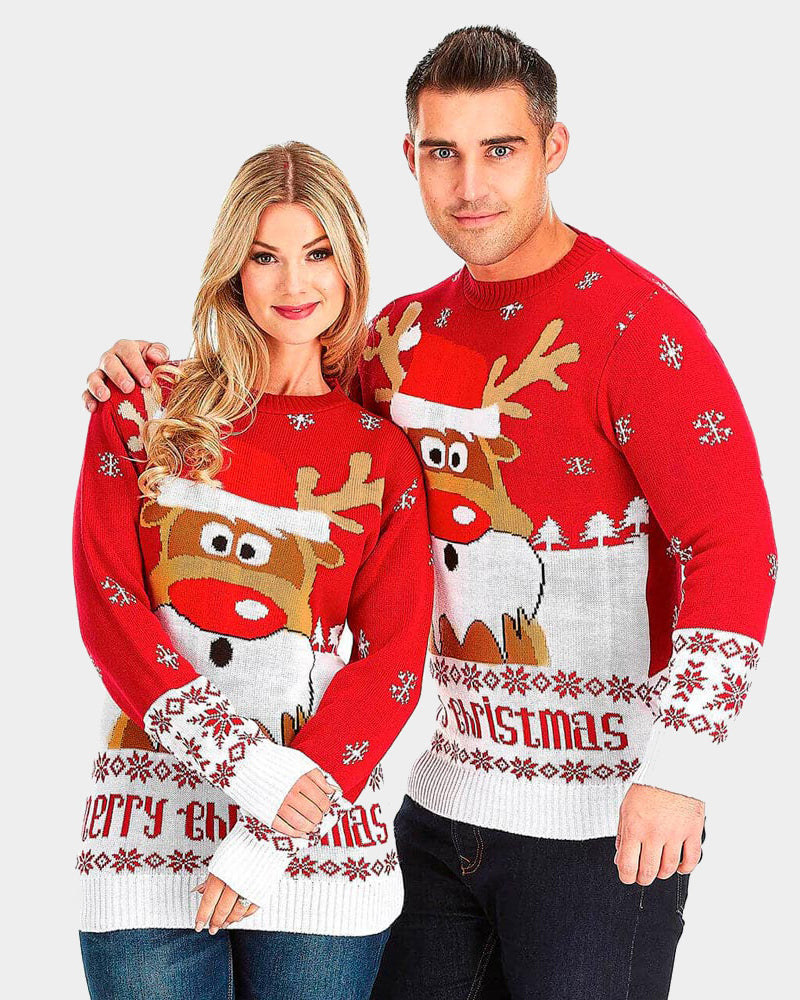 Jersey de Navidad Parejas Rojo con Reno Rudolph