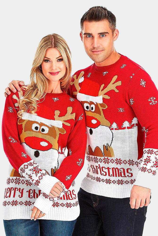 Jersey de Navidad Parejas Rojo con Reno Rudolph