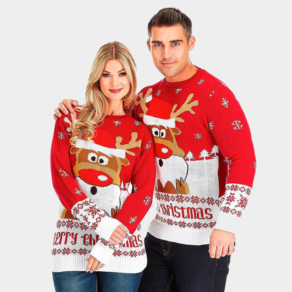 Jersey de Navidad Parejas Rojo con Reno Rudolph