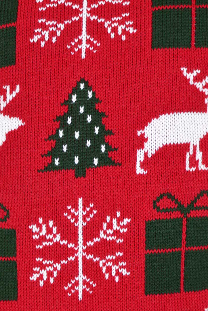 Jersey de Navidad Parejas Rojo con Renos, Regalos y Pinos Detalle