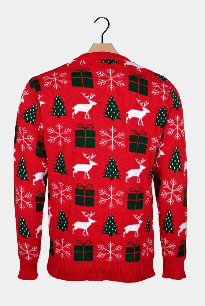 Jersey de Navidad Parejas Rojo con Renos, Regalos y Pinos Espalda