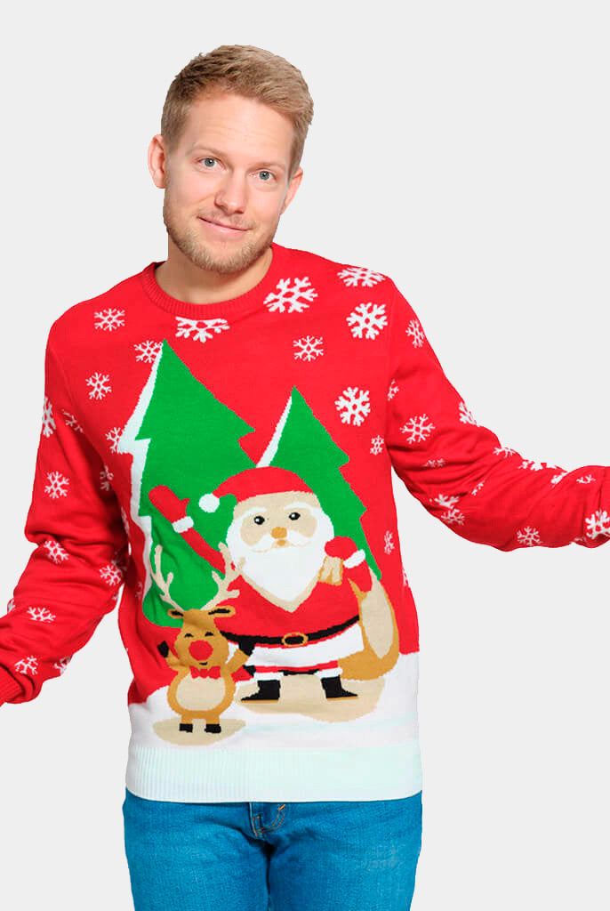 Jersey de Navidad Parejas Rojo con Santa Claus y Reno Saludando Hombre