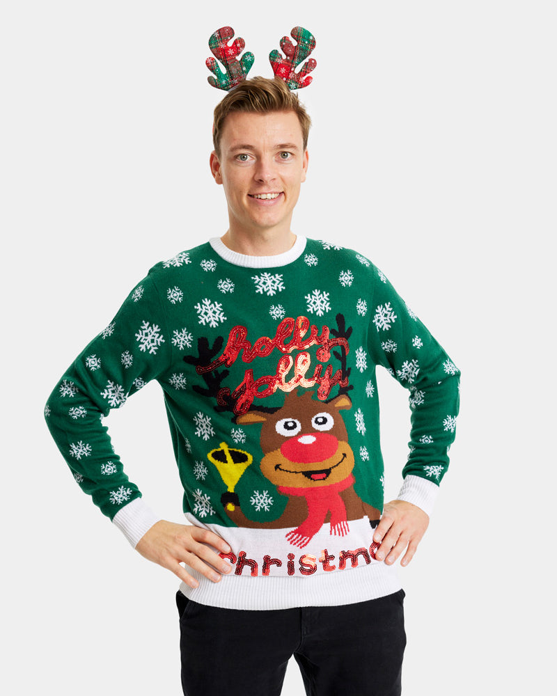 Jersey de Navidad Parejas Verde Holly Jolly Lentejuelas Hombre