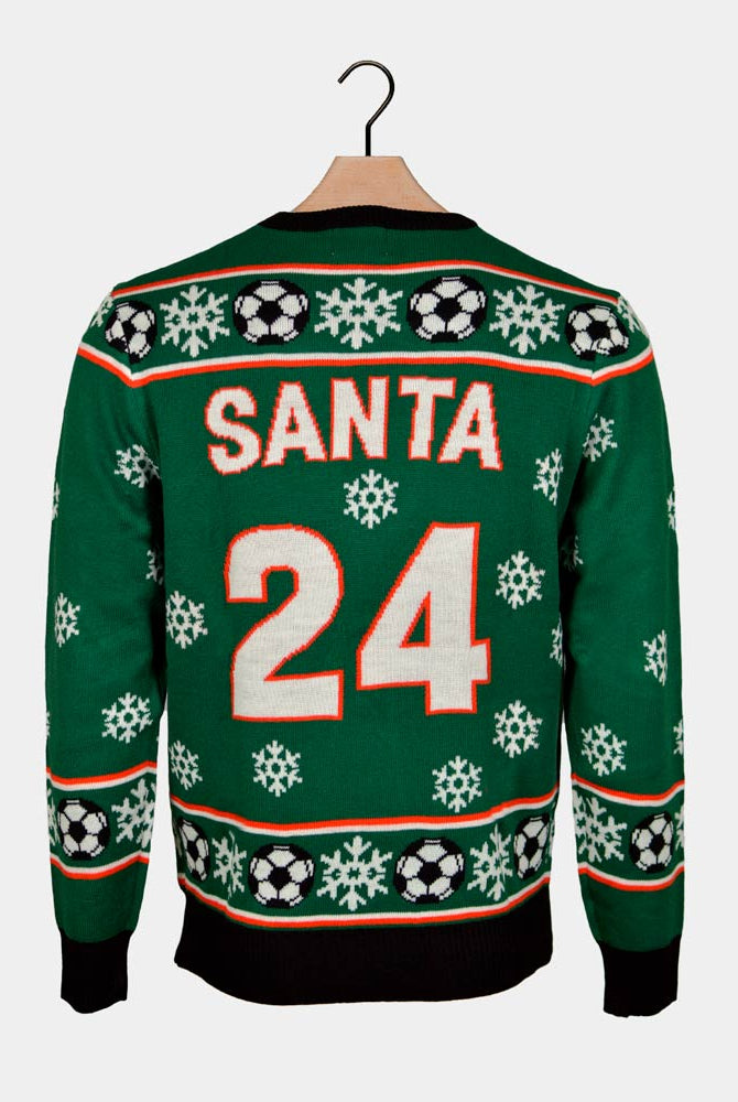 Jersey de Navidad Parejas Verde Papá Noel Jugando al Fútbol Espalda