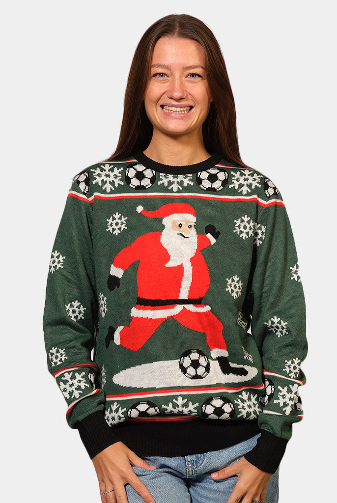 Jersey de Navidad Parejas Verde Papá Noel Jugando al Fútbol Mujer
