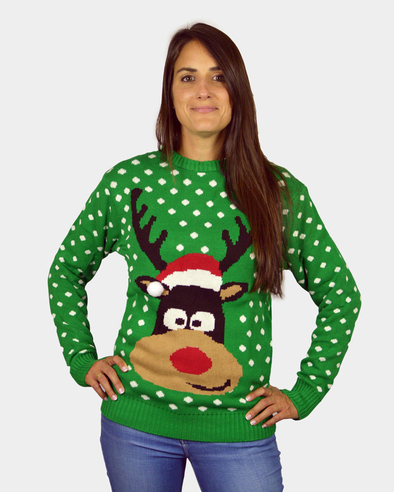 Jersey de Navidad Parejas Verde Reno con Gorro en 3D mujer