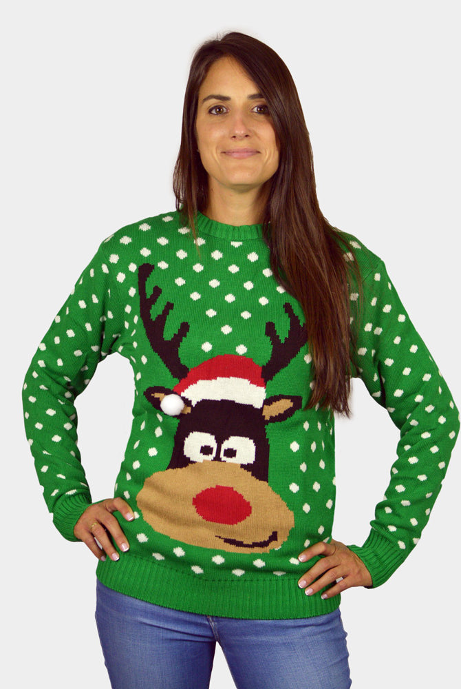 Jersey de Navidad Parejas Verde Reno con Gorro en 3D mujer