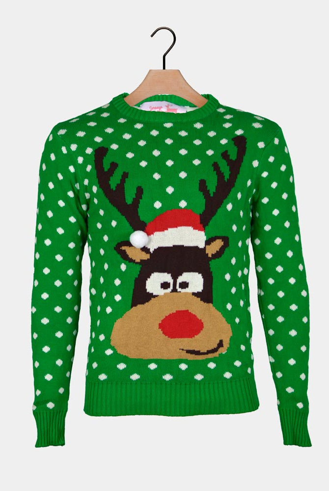Jersey de Navidad Parejas Verde Reno con Gorro en 3D