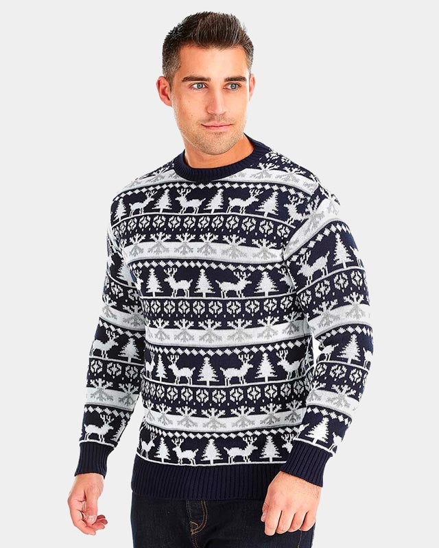 Jersey de Navidad para Adultos Cenefas Renos y Árboles Hombre