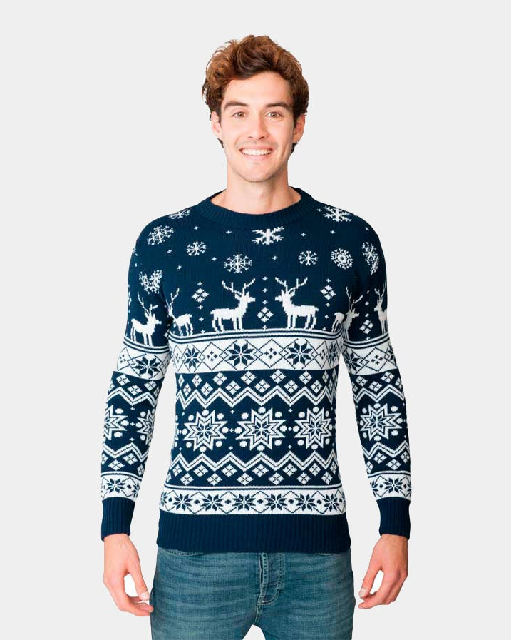 Jersey Navideño para Adultos con Renos y Estrellas Azul Nordic Hombre