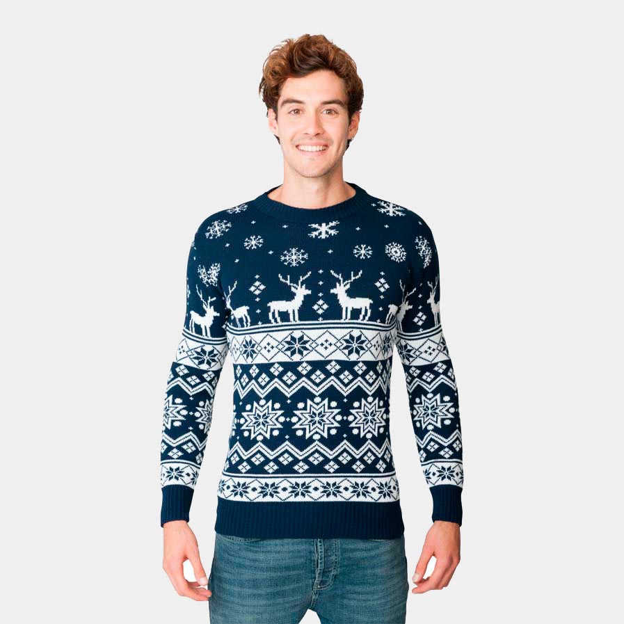 Jersey Navideño para Adultos con Renos y Estrellas Azul Nordic Hombre