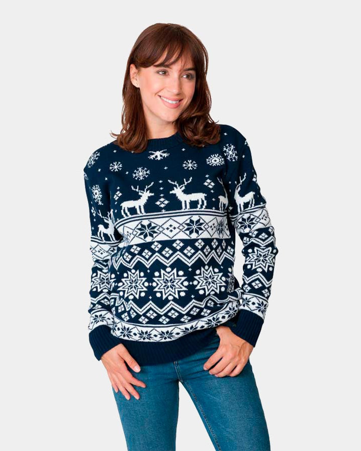 Jersey Navideño para Adultos con Renos y Estrellas Azul Nordic Mujer
