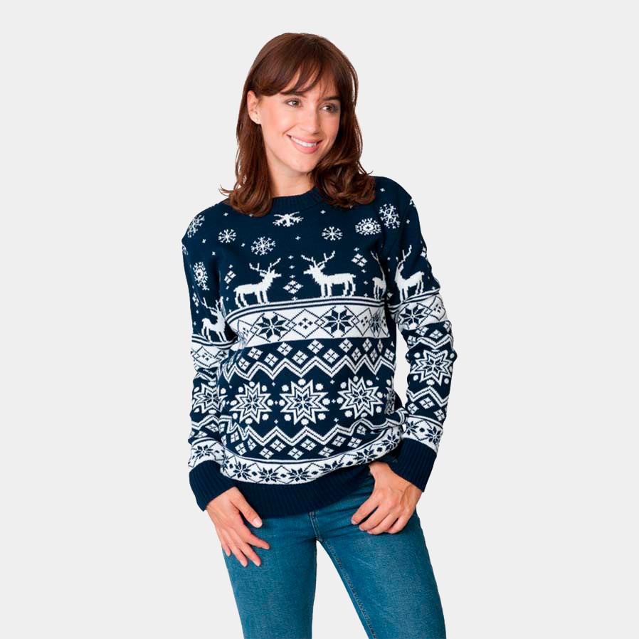 Jersey Navideño para Adultos con Renos y Estrellas Azul Nordic Mujer