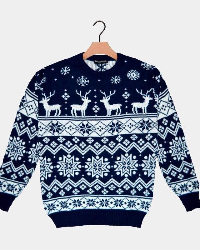 Jersey Navideño para Adultos con Renos y Estrellas Azul Nordic