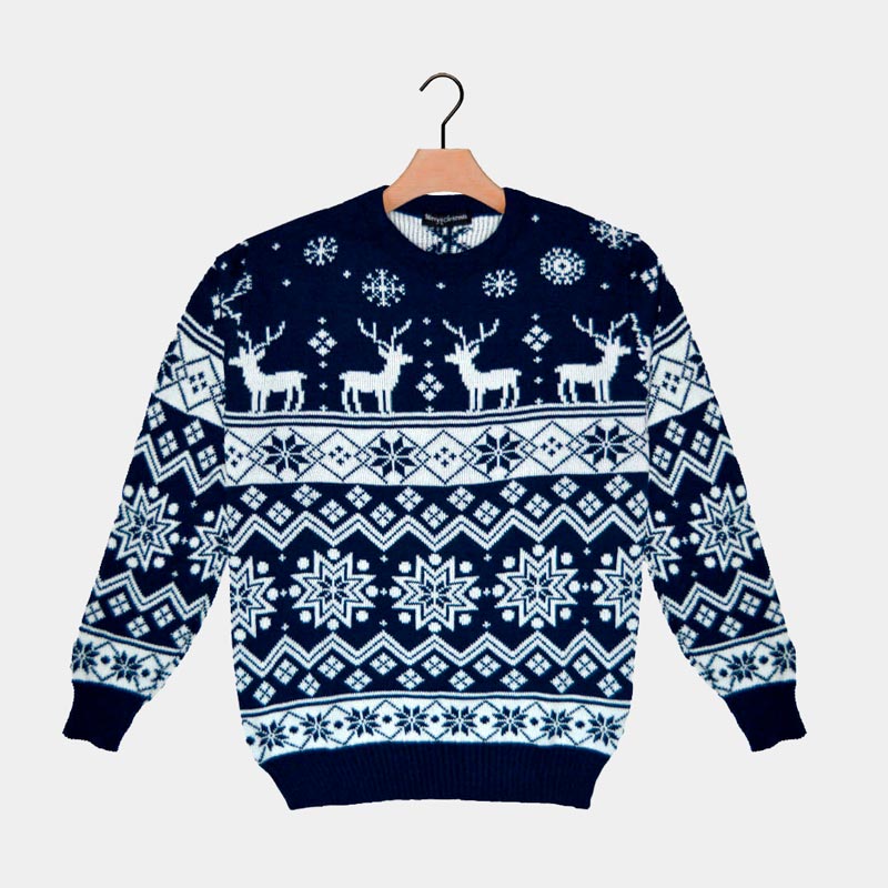 Jersey Navideño para Adultos con Renos y Estrellas Azul Nordic