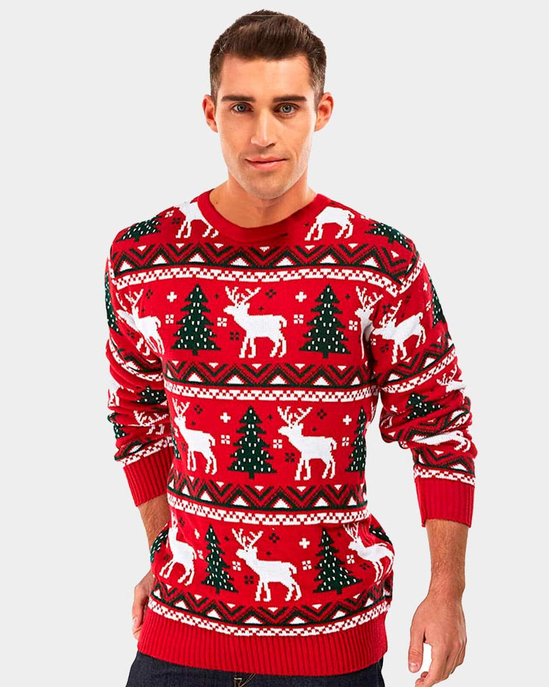 Jersey de Navidad para Adultos Rojo Árboles de Navidad y Renos para Hombre