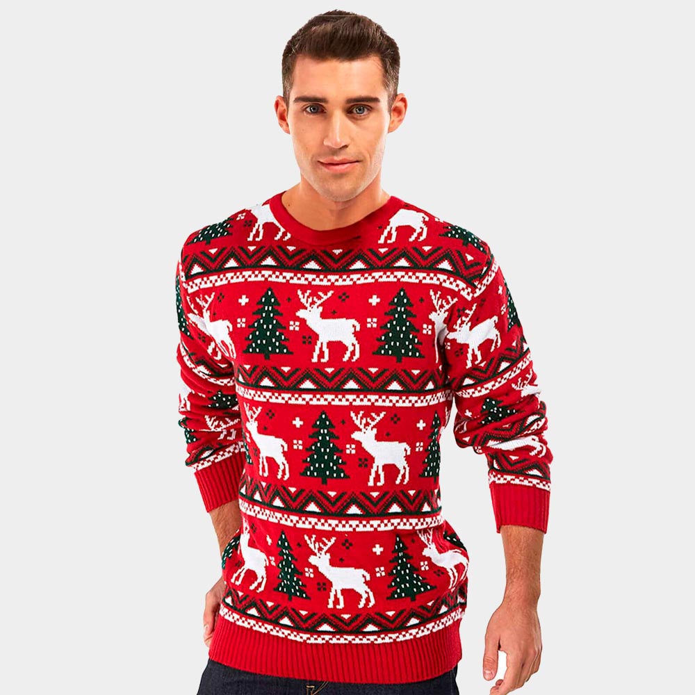 Jersey de Navidad para Adultos Rojo Árboles de Navidad y Renos para Hombre