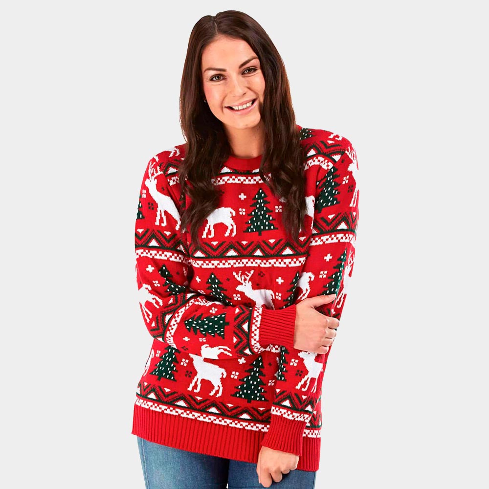 Jersey de Navidad para Adultos Rojo Árboles de Navidad y Renos para Mujer