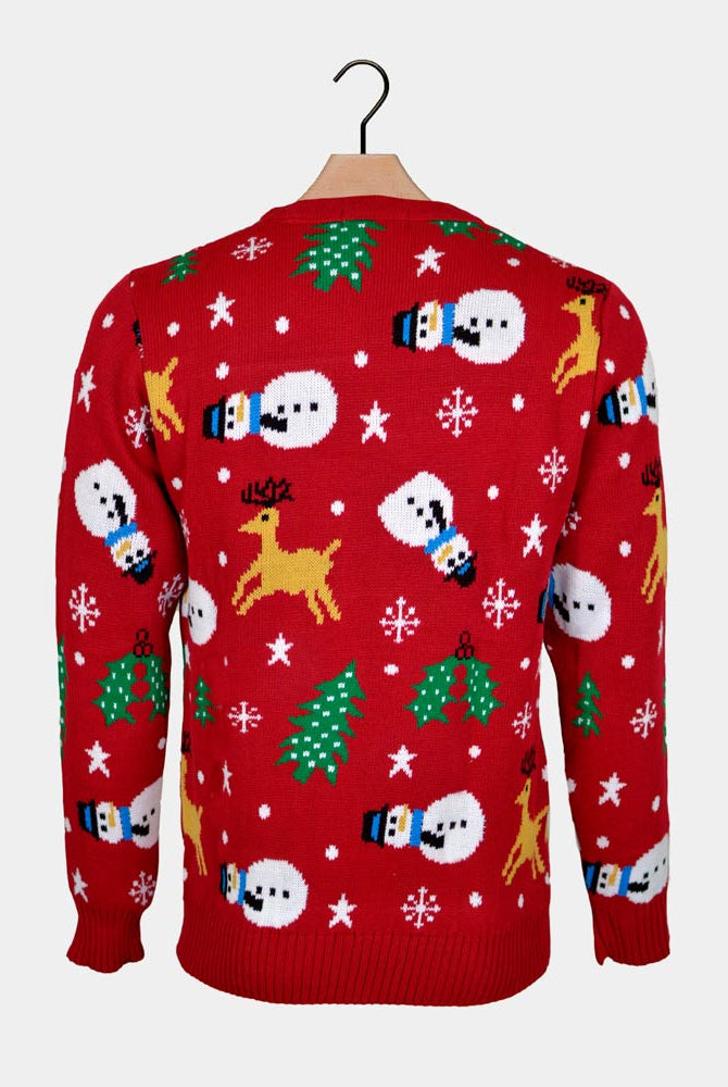 Jersey Navideño para Mujer Rojo con Muñecos, Renos y Árboles Espalda