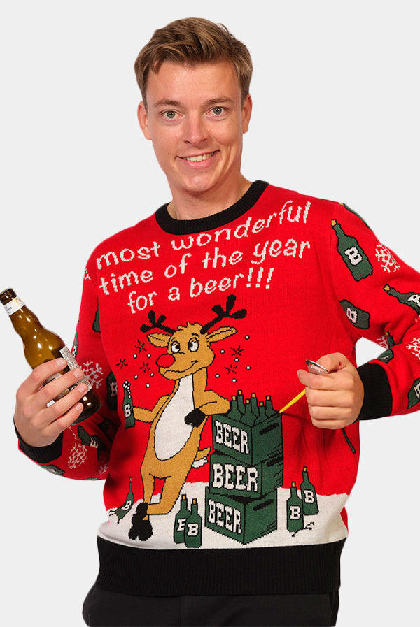 Jersey Navideño Parejas Reno con Abridor de Cerveza Hombre