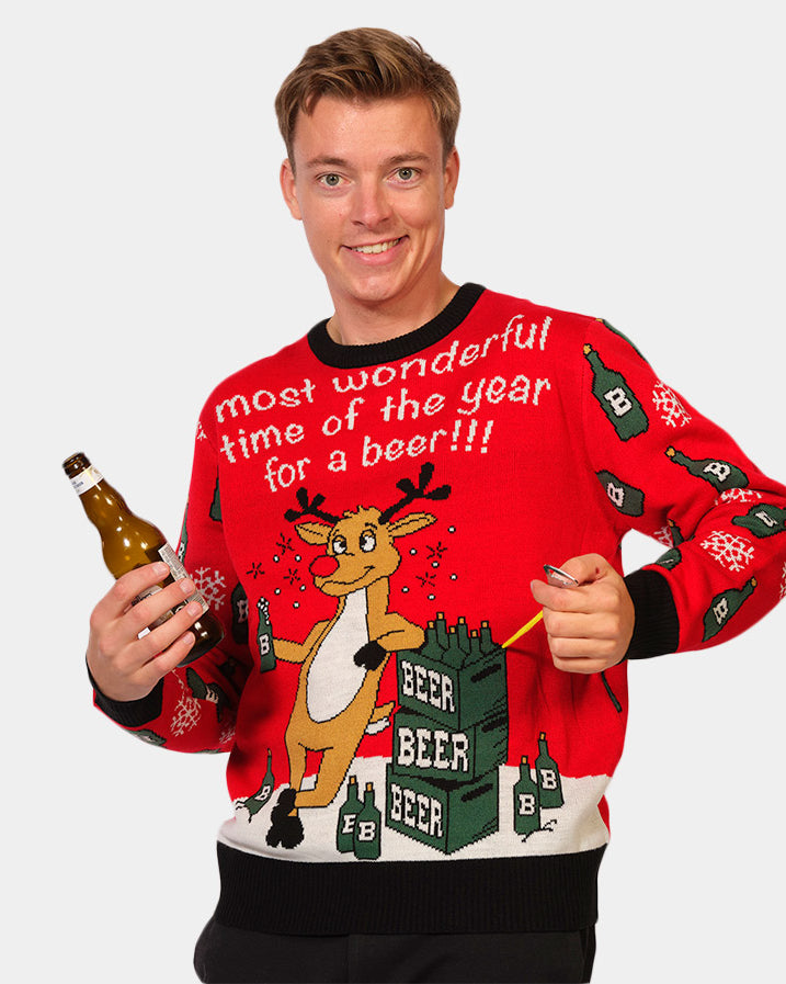 Jersey Navideño Parejas Reno con Abridor de Cerveza Hombre